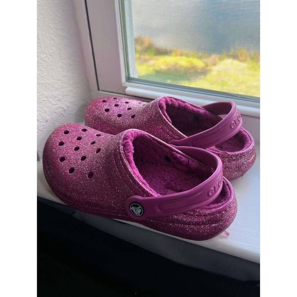 Crocs Classic Clogs Fleece Lined Pink Magenta Sparkle Juniors Size 2 (EU 30-31) - Picture 3 of 9